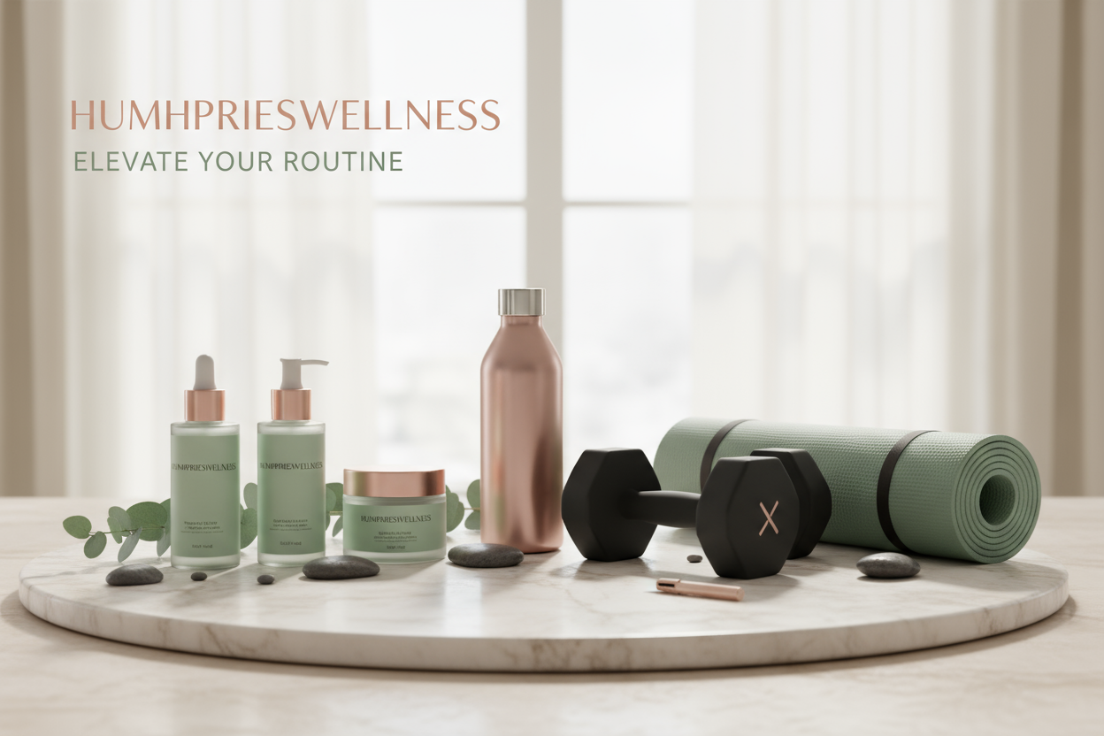Generate a professional and cinematic banner  for a fitness and skincare product store named humphrieswellness
